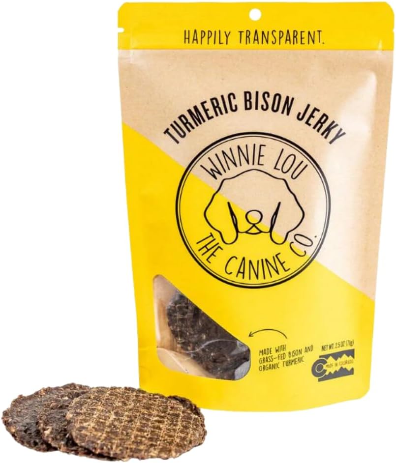 Winnie Lou Turmeric Bison Jerky Dog Treats – Limited Ingredient, Human Grade, Training Treats for Small, Medium & Large Dogs, Made in USA (1 Pack)