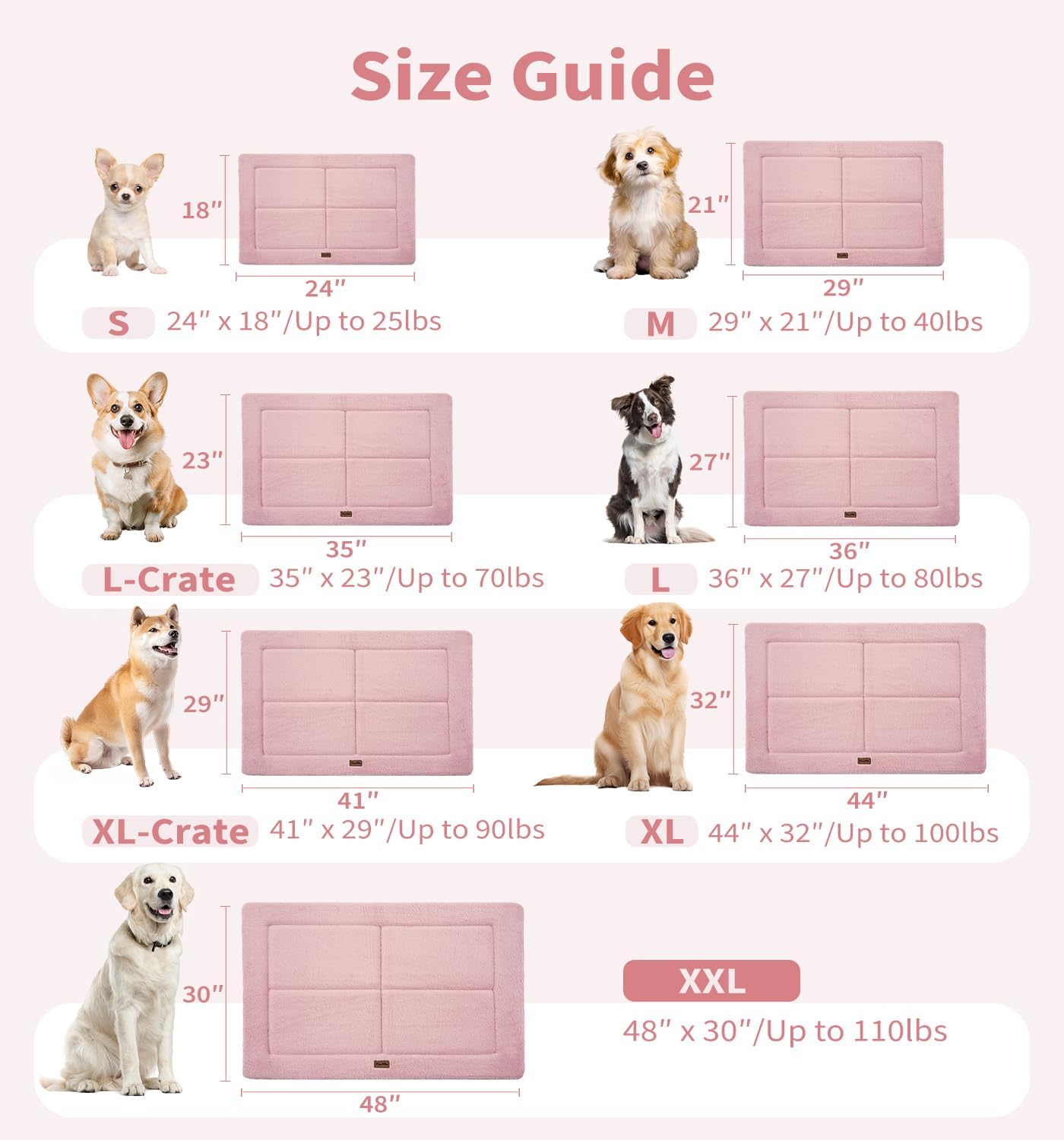 MADE 4 PETS Dog Crate Pad Bed for Small Dogs, Washable & Reversible, Anti-Slip Kennel Mat for Cozy Sleeping, Soft Fluffy Dog Bed for Indoor & Outdoor Use, 24"x18", Pink
