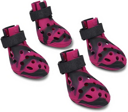 Dog Shoes for Hot Pavement and Snow, Silicone Dog Booties for Small Medium Large Dogs, Waterproof Paw Protectors- Non-Slip, Adjustable Straps, Dog Boots for Beach/Rain/Hiking (Black Pink, L)