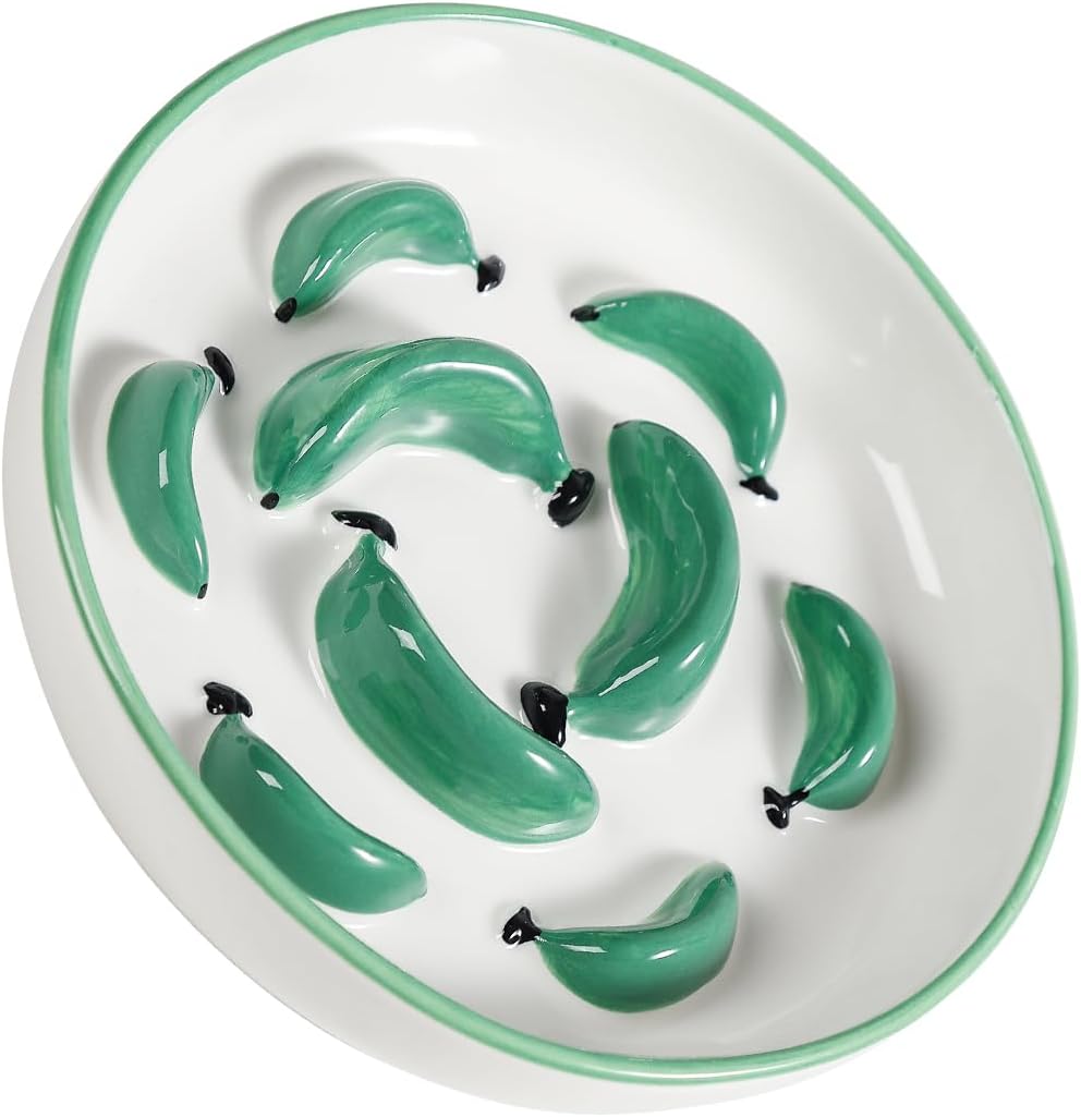Ceramic Cat Slow Feeder Bowl - Vibrant Cat Feeding Bowl - Cute Maze Food Dish for Slow Eating - Dishwasher Safe - 6.3''W x 1.2''H - 7 OZ - Green