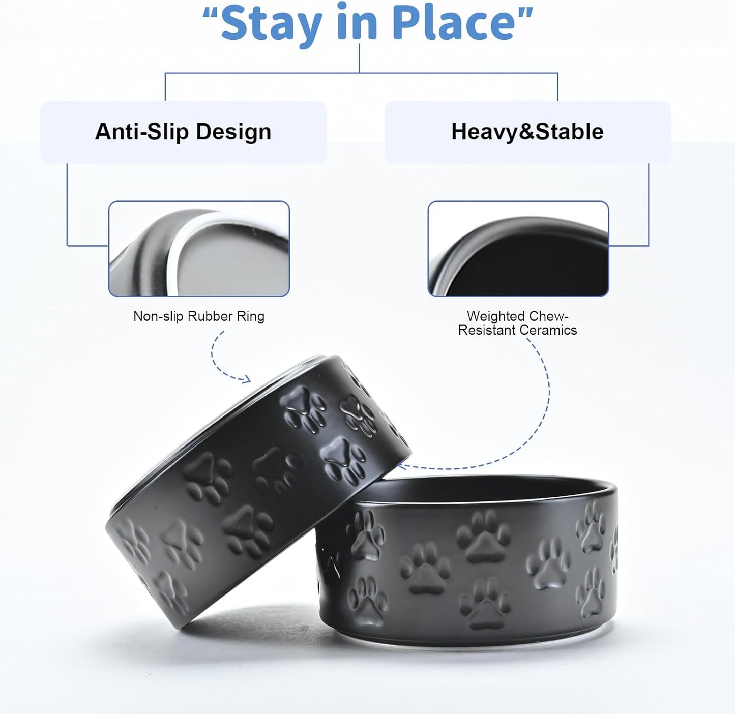 SPUNKYJUNKY Ceramic Dog Bowls 2 Pack, 8.3'' Dog Food Water Double Feeding Bowls Non-Slip for Medium to Large Sized Breed Microwave Dishwasher Safe - 60 OZ, 2pcs, Paw Black