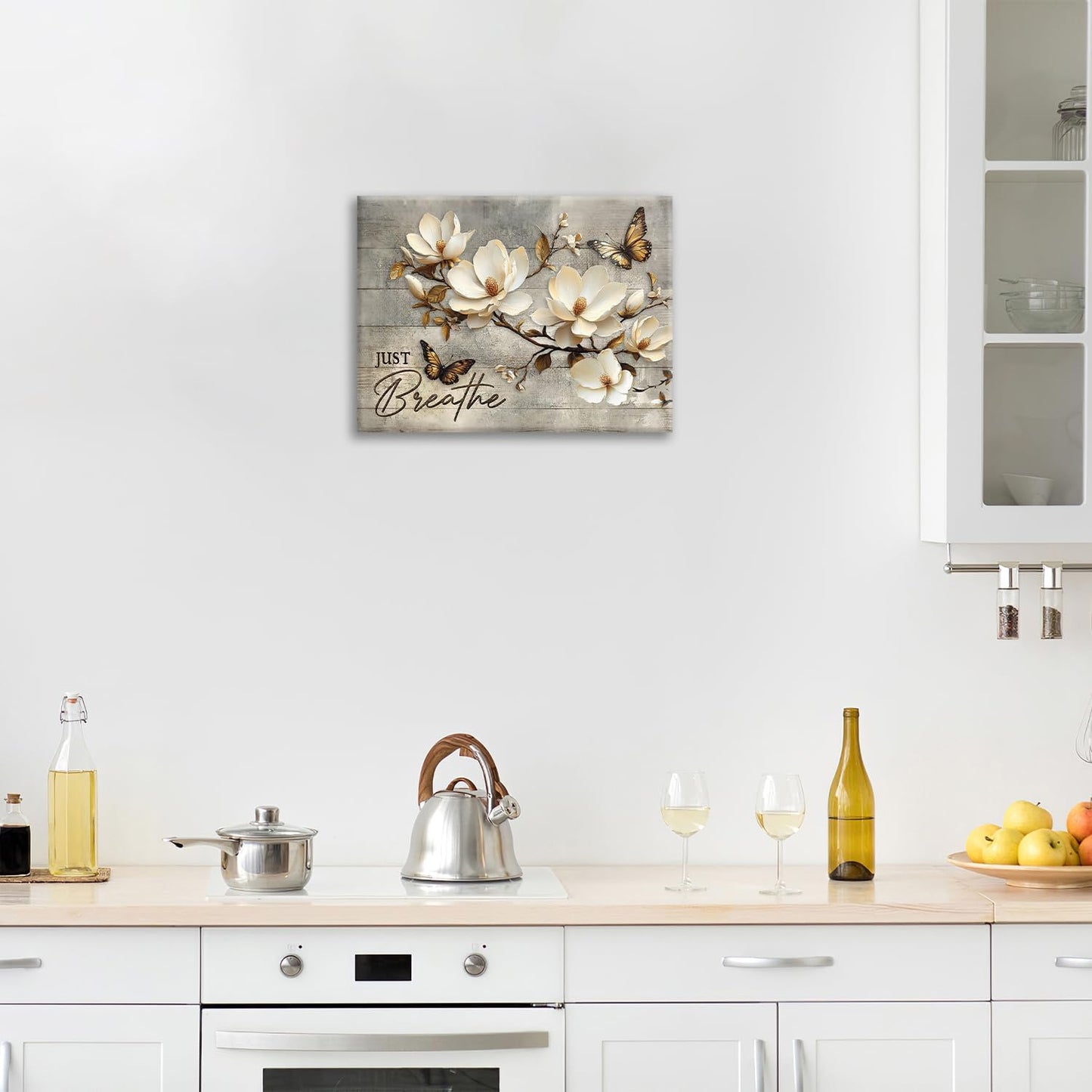 Floral Magnolia Bathroom Pictures Wall Art, Just Breathe Bathroom Wall Decor, Flower Butterfly Framed Painting Canvas Artwork for Bedroom Living Room Decorations 20"L x 16"W