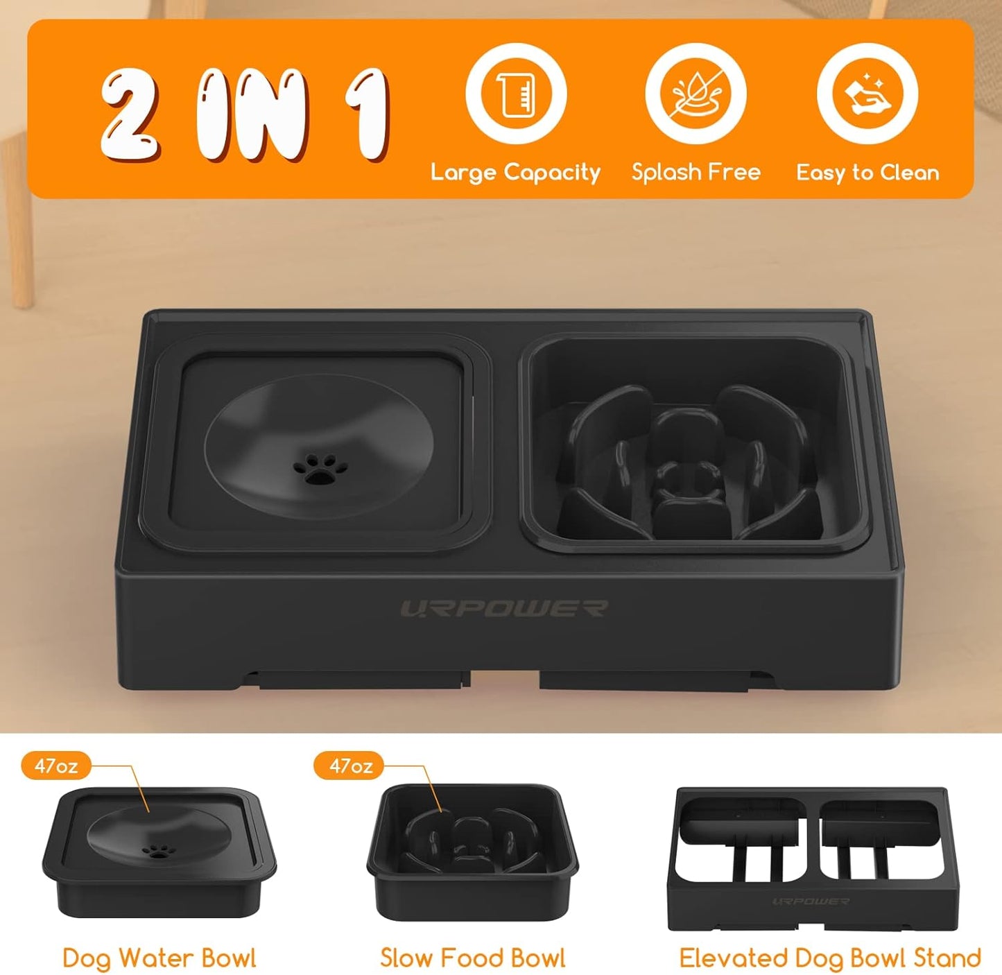 URPOWER 2-in-1 Elevated Slow Feeder Dog Bowls with No Spill Dog Water Bowl 4 Height Adjustable Raised Dog Bowl Non-Slip Dog Food and Water Bowls with Stand for Small Medium Large Dogs, Cats and Pets