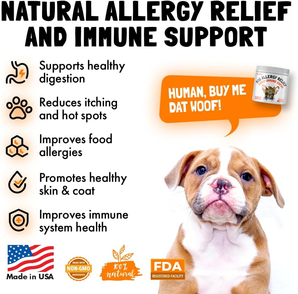 Allergy Relief Chews for Dogs & Immune & Digestive Supplement with Wild Salmon Oil Kelp Colostrum Turmeric Probiotics & Bee Pollen for Seasonal Allergies Anti Itch, Skin Hot Spots 30 Soft Treats