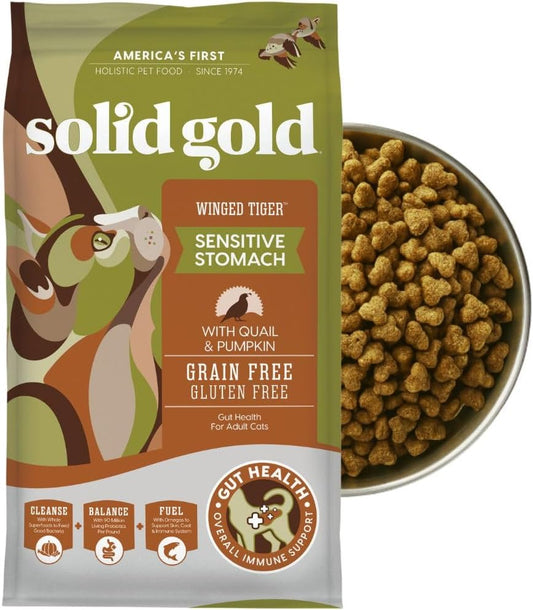 Solid Gold Sensitive Stomach Dry Cat Food - Grain Free & Gluten Free Sensitive Stomach Cat Food for Indoor Adult & Senior Cats - Dry Kibble for Cats w/Quail, Pumpkin & Probiotics for Gut Health - 6lb