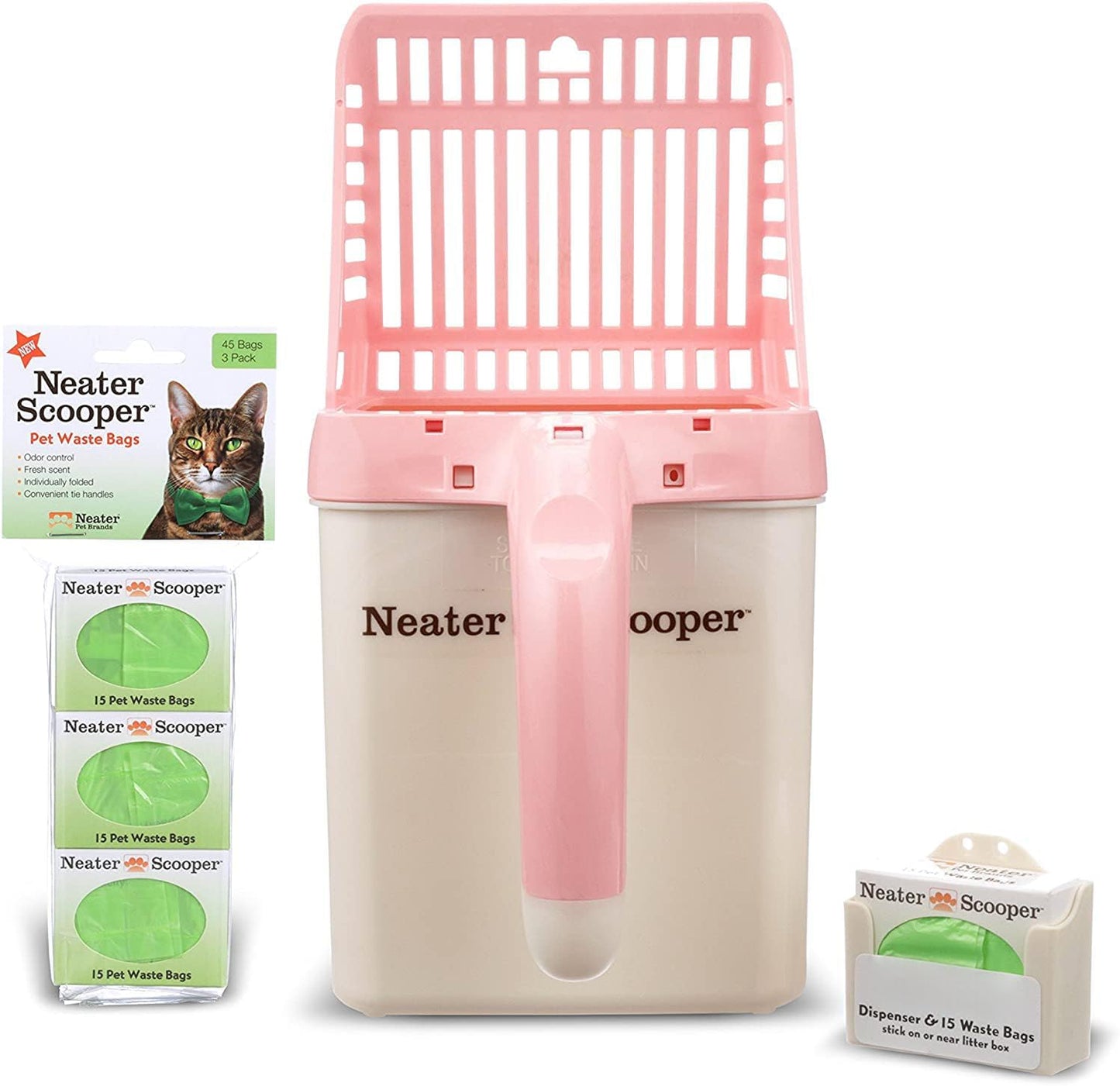 Neater Pet Brands Neater Scooper Standard Cat Litter Scoop, 60 Refill Bags – Mess-Free Cat Litter Scooper with Bag, Spill-Proof Kitty Box Sifter, Bin Doubles as Scoop Holder, For Single-Cat Households