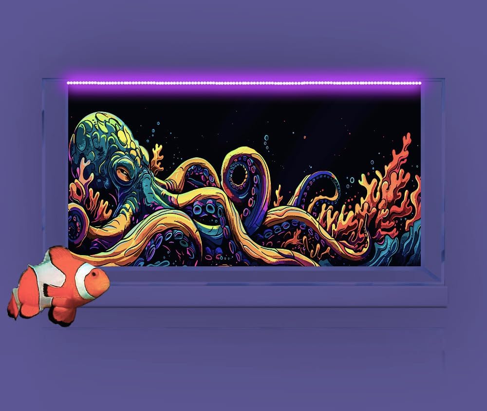 36X18IN Blacklight Octopus Sea Monster HD 3D Black Light Aquarium Background UV Reactive Background Terrarium Background with 10 EVA Double-Sided Tape