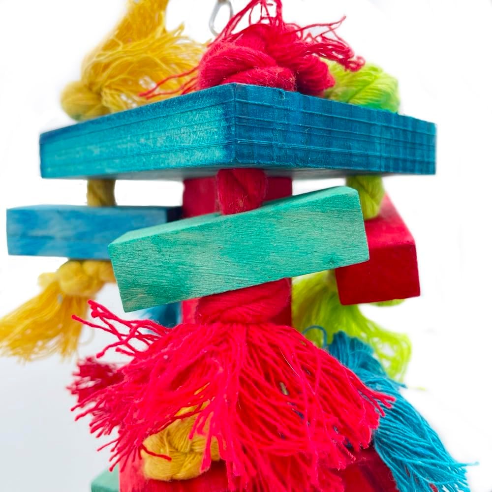 Large Bird Blocks and Knots Tearing Toys, Multicolored Natural Wooden Blocks and Cotton Knots with Stainless Steel Cup Toys for Extra Large Parrots Macaw African Grey Amazon Cockatoo Eclectus