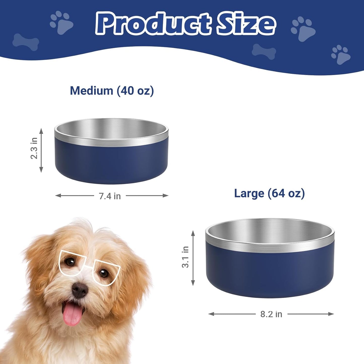 LIANLAI Dog Food Bowl, Rust-Resistant Stainless Steel Dog Bowls, Non-Slip Puppy Bowls Large Size, Spill Proof Puppy Water Dishes (Blue，64 oz)