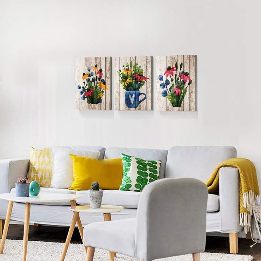 Vintage Wood grain plant flowers wall art for kitchen Wall Decorations for Living Room Bathroom Decorations room Wall decor 3 Pieces Framed Canvas print Artwork modern Office Home Decor paintinge