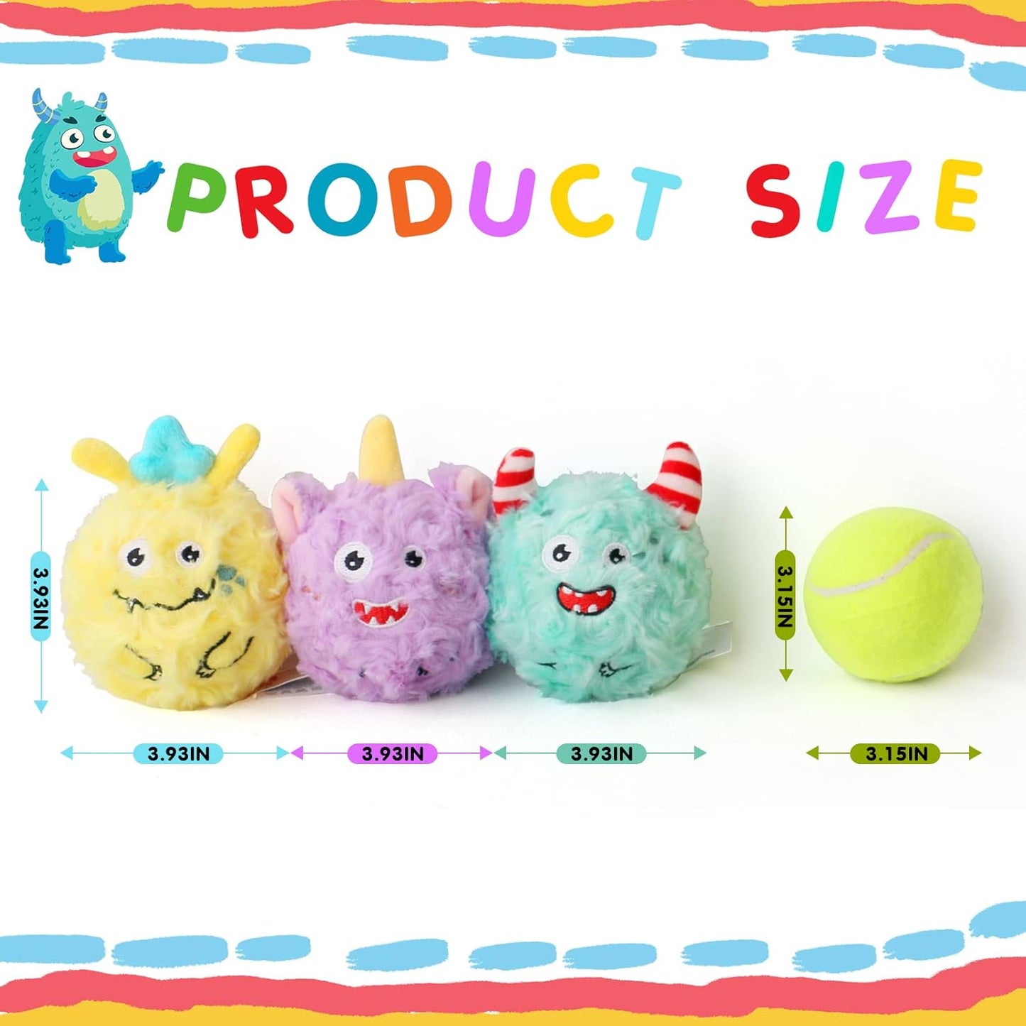 DKING 3Pack Squeaky Dog Balls,2 in1 Funny Puppy Ball Toys,Birthday Dog Toy for Small Medium Dogs (Monster Ball)