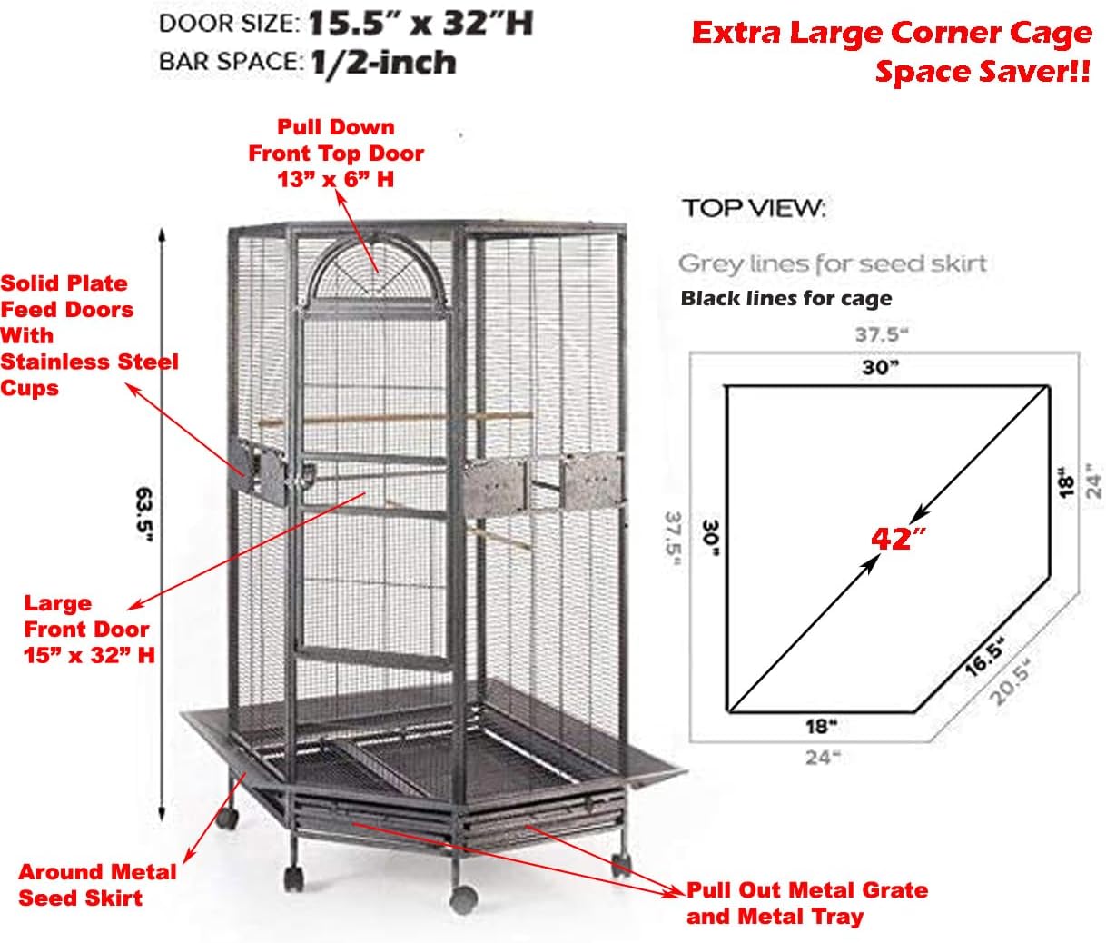 X-Large Corner Parrot Bird Flight Breeding Wrought Iron Rolling Cage Solid Plated Feeder Doors with Around Metal Seed Guard