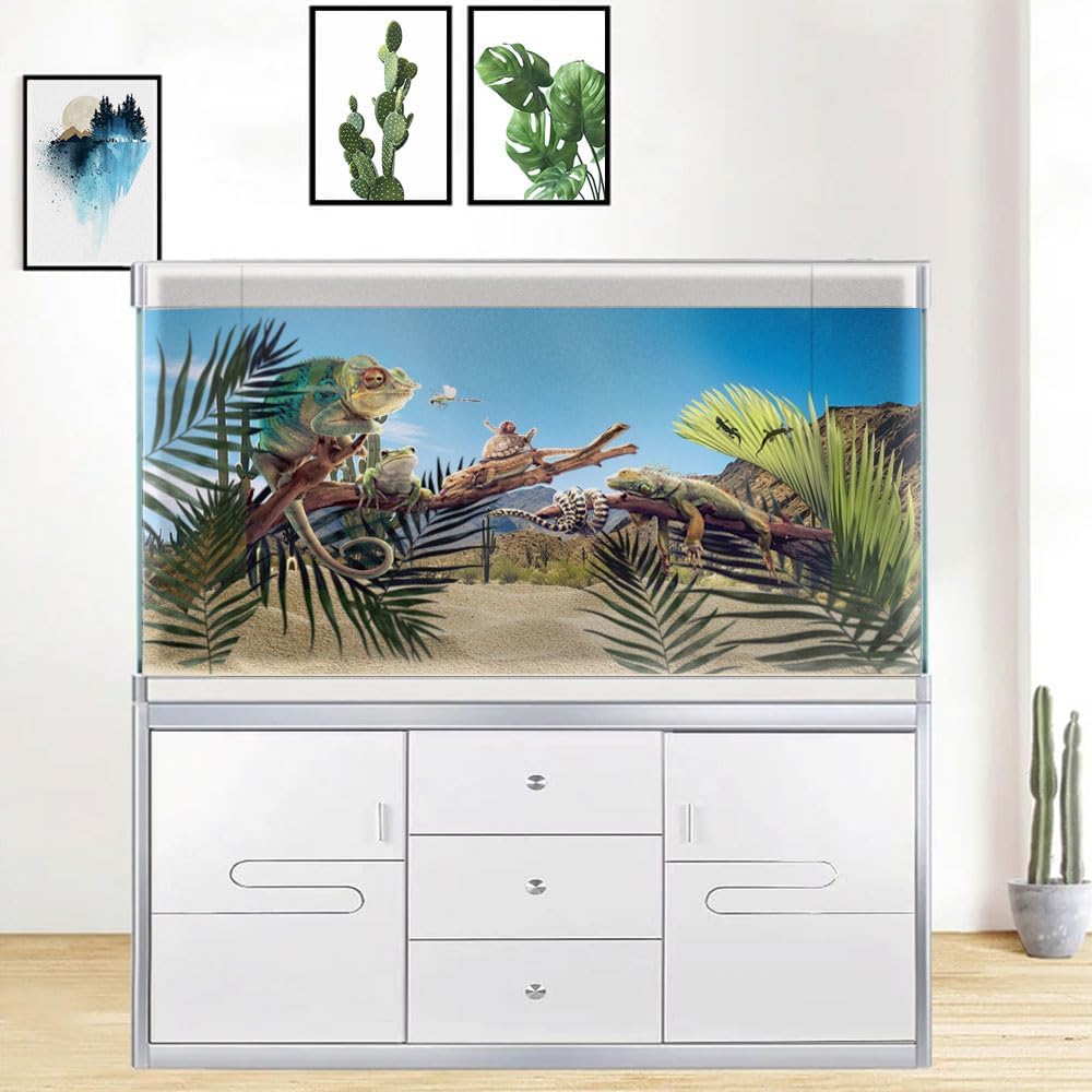 Reptile Habitat Background, Retro Desert Oasis Cactus Terrarium Background 48X18 in Background with 8 EVA Double-Sided Tape