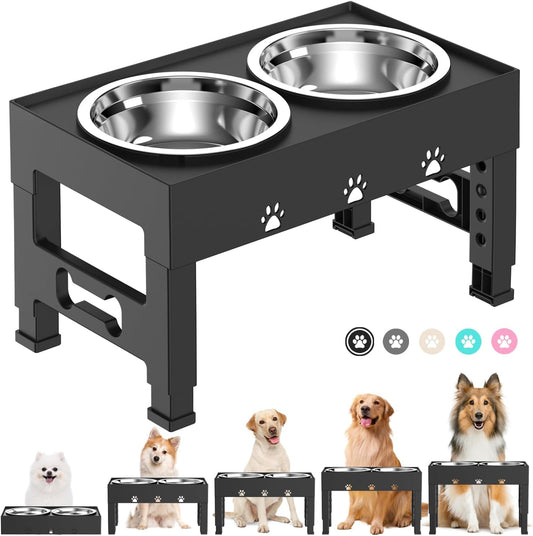 Elevated Dog Bowls with 2 Stainless Steel Bowls, Raised Dog Food Bowl Stand 5 Height Adjustable (3.1", 9", 10", 11", 12") Non-Slip Feeder Station Set for Medium and Large Dogs - Black