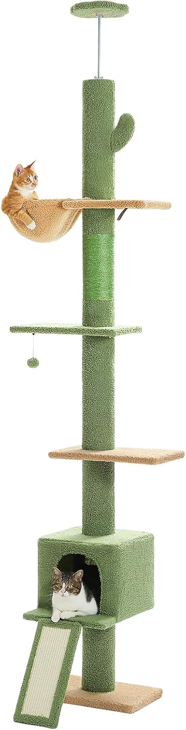 PEQULTI Floor to Ceiling Cat Tree, Tall Cat Tower, Adjustable Height (83''-108'') 5 Levels Climbing Tree for Indoor Cats with Cat Condo, Cozy Hammock and Scratching Post, Green