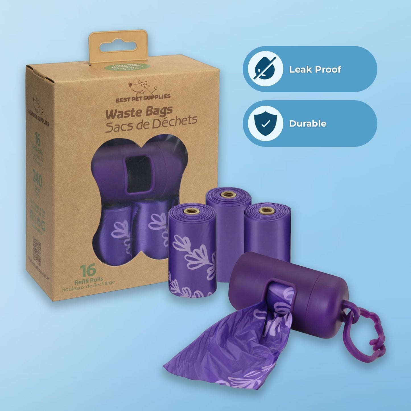 Best Pet Supplies Dog Poop Bags (240 Bags) for Waste Refuse Cleanup, Doggy Roll Replacements for Outdoor Puppy Walking and Travel, Leak Proof and Tear Resistant, Thick Plastic - Purple