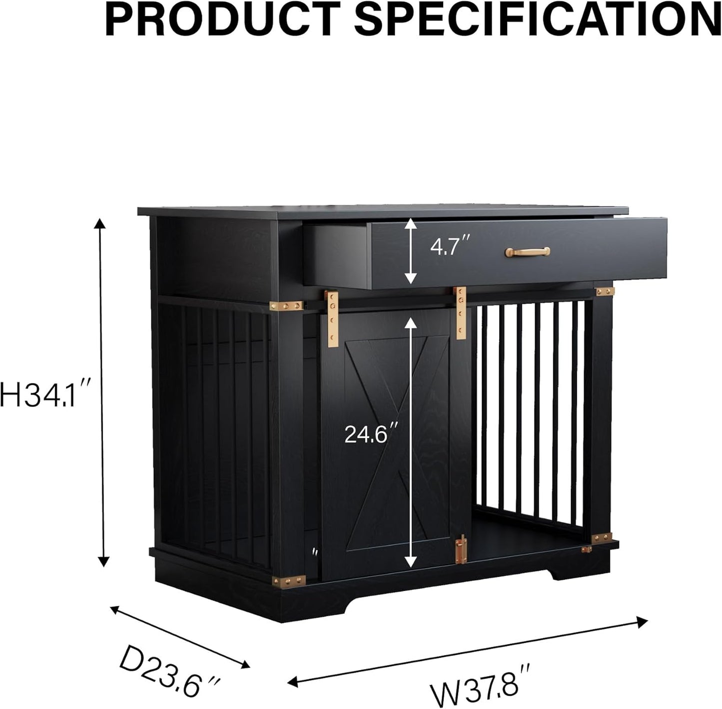 LZUUOB 37.8'' Dog Crate Furniture with Storage Drawer, Decorative Wooden Dog Kennel with Sliding Barn Door, Indoor Water Resistant Cage for Pet, Small, Medium, Large Dog (Black Gold Oak)