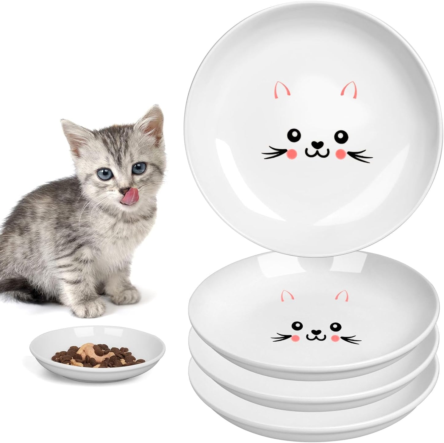 TRUVIC 4 Pack Ceramic Cat Food Bowls, 5.9 Inch Ceramic Cat Dishes Set for Indoor Cats and Small Dogs, Anti Whisker Fatigue Kitten Bowls, Wide Shallow Kitten Plates for Food and Water (Cute Face)