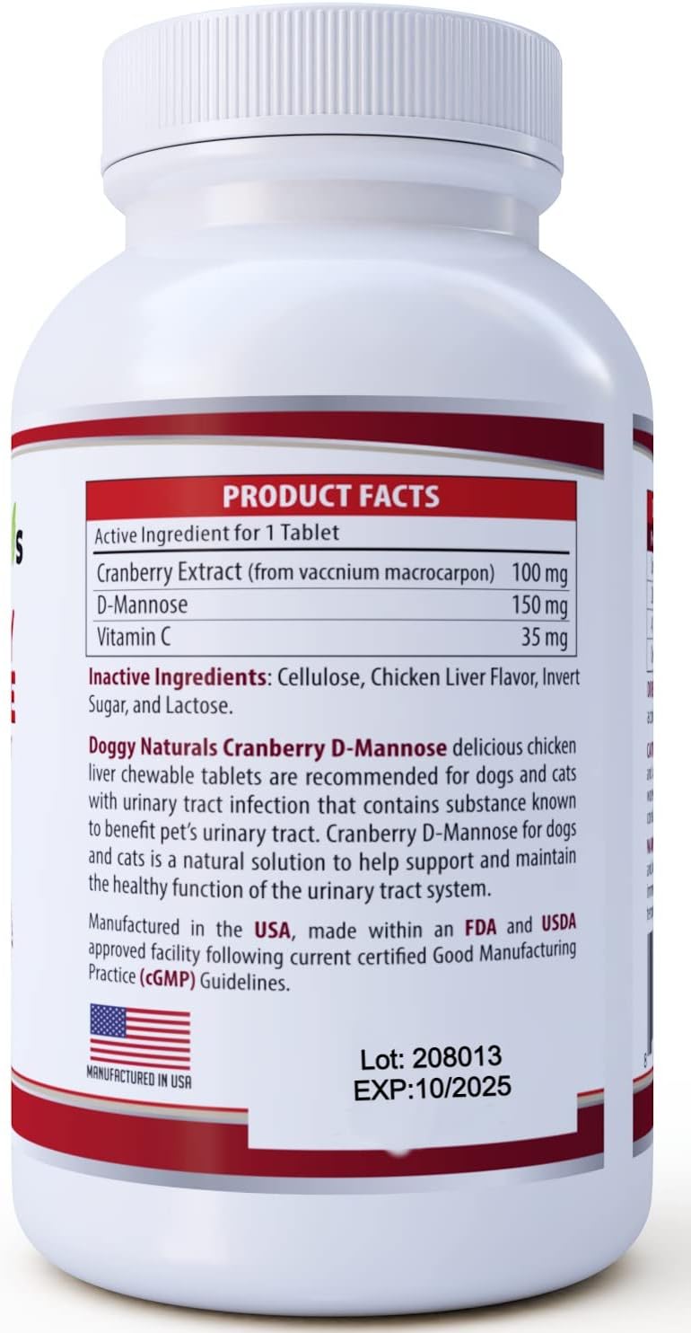 Cranberry D-Mannose for Dogs and Cats Urinary Tract Infection Support Prevents and Eliminates UTI, Bladder Infection Kidney Support, Antioxidant (Single Strength Tablet, 60 Count)