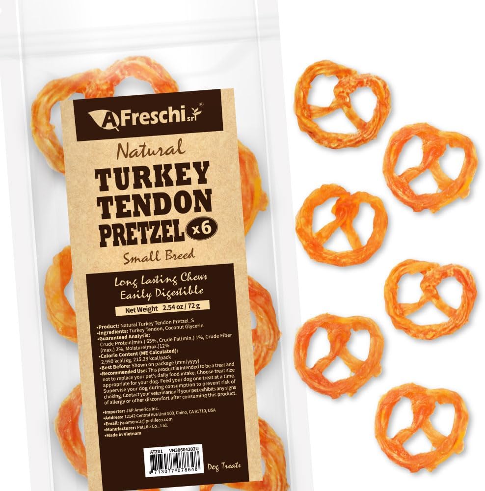 Afreschi Turkey Tendon Pretzel (S) 6 Pieces per Pack, USA-Sourced Turkey Tendon, All Natural Human Grade Puppy Chew, Hypoallergenic, Rawhide Alternative, Dog Treats for Small Breeds