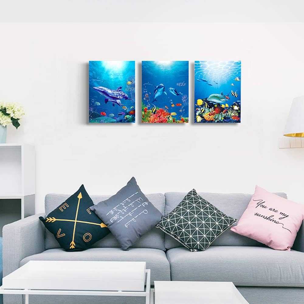 blue ocean fish 3 Pieces Framed Wall Art for Living Room Bathroom Wall Decoration Canvas Print Children's Bedroom Wall decor Office Kitchen Home Decoration Underwater World Watercolor Painting