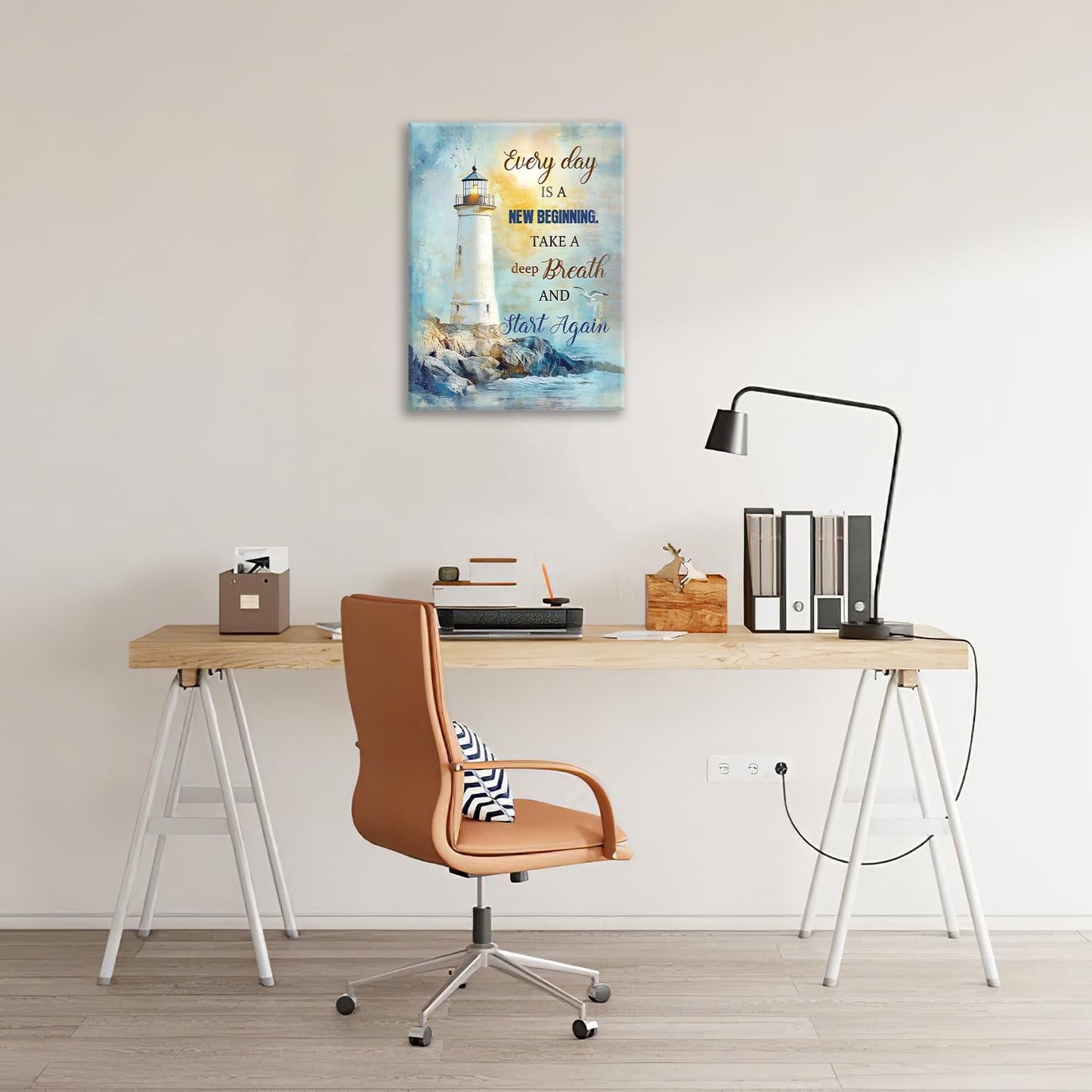 Ocean Lighthouse Pictures Wall Art, Coastal Nautical Bathroom Wall Decor Every Day is a New Beginning Motivational Quote Framed Painting Canvas Artwork for Bedroom Living Room Decorations 16"L x 12"W