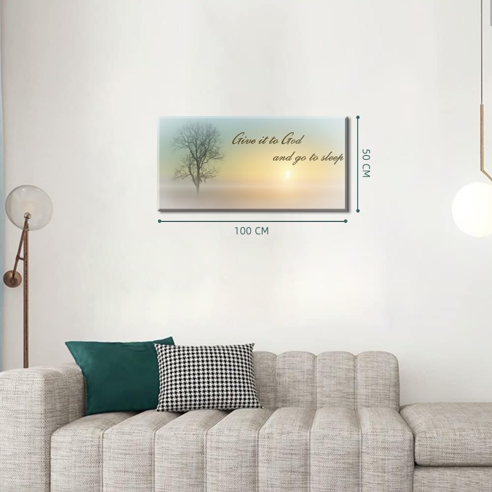 Lasdel Canvas Wall Art of Misty Sunset & Tree Plant Picture For Bedroom Home Above Bed, White Country Wood Sign For Bathroom, Give It To God & Go to Sleep Artwork Decor, Inner Frame 20x40 Inches