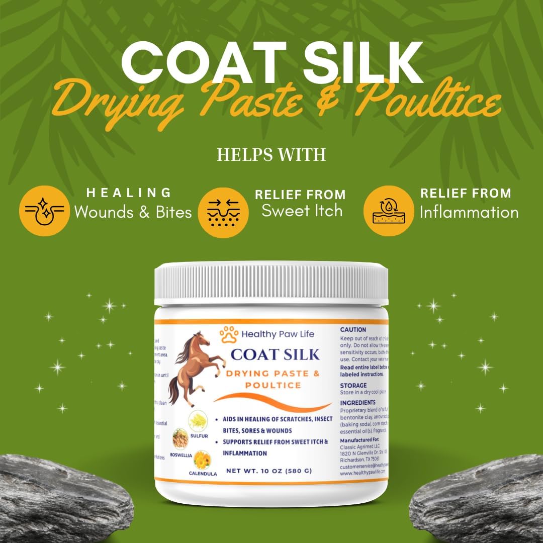 Coat Silk Drying Paste & Poultice for Horses – Natural Relief for Wounds, Scratches, Sores & Sweet Itch – Enriched with Sulfur, Boswellia & Calendula – 10 oz