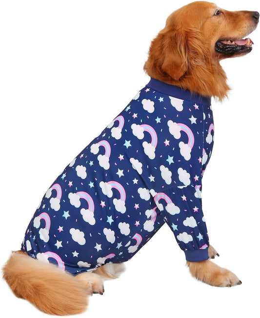 HDE Dog Pajamas One Piece Jammies Jumpsuit Pet Clothes Outfit Stretchy Lightweight Comfy Shirt Pjs for M-3XL Dogs Rainbows - M