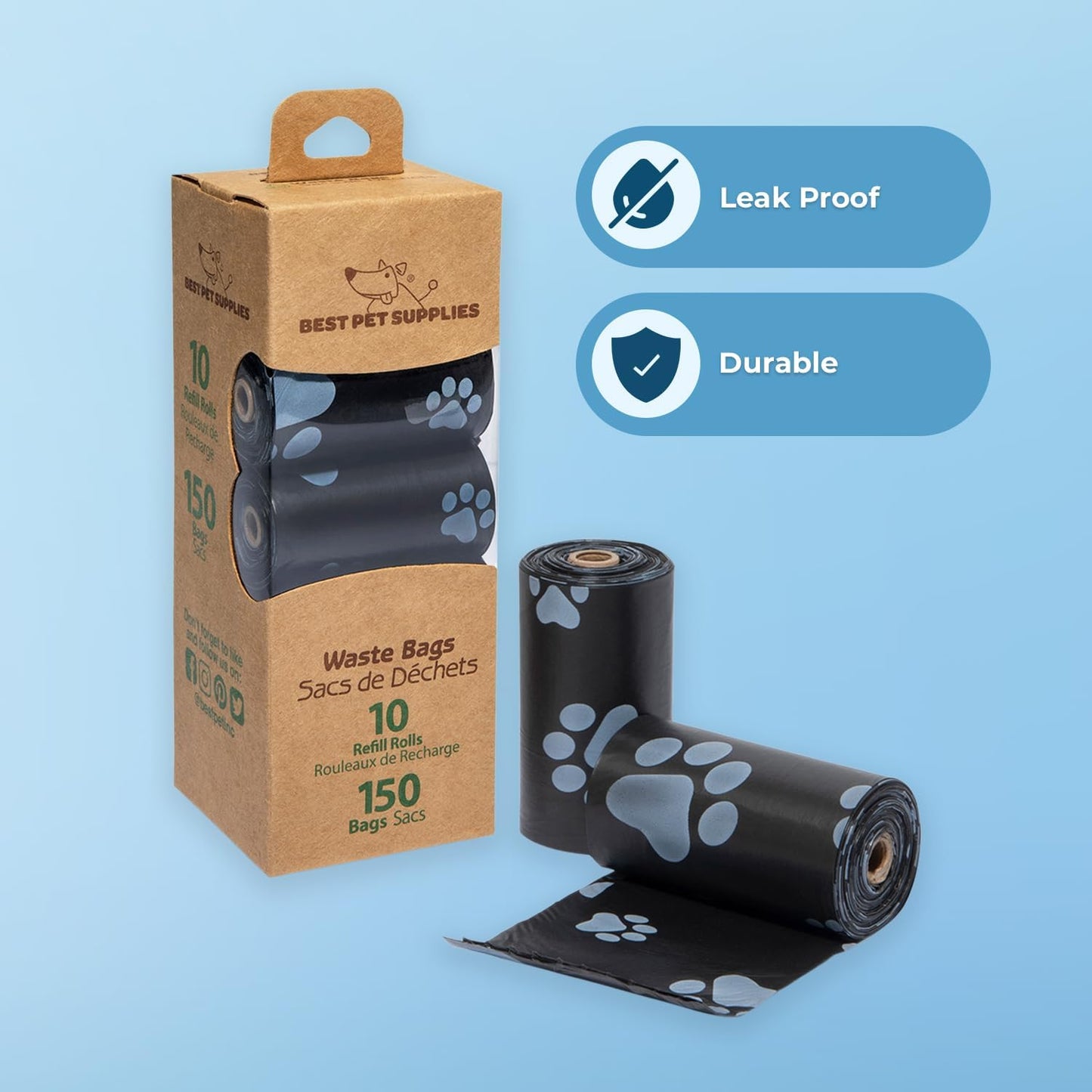 Best Pet Supplies Dog Poop Bags (150 Bags) for Waste Refuse Cleanup, Doggy Roll Replacements for Outdoor Puppy Walking and Travel, Leak Proof and Tear Resistant, Thick Plastic - Black