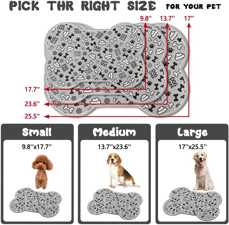 Dog Food Mats for Floors Waterproof, Pet Feeding Absorbent Water Bowl Mat Cat Placemats Gray Bone Shape 19 * 12 inch