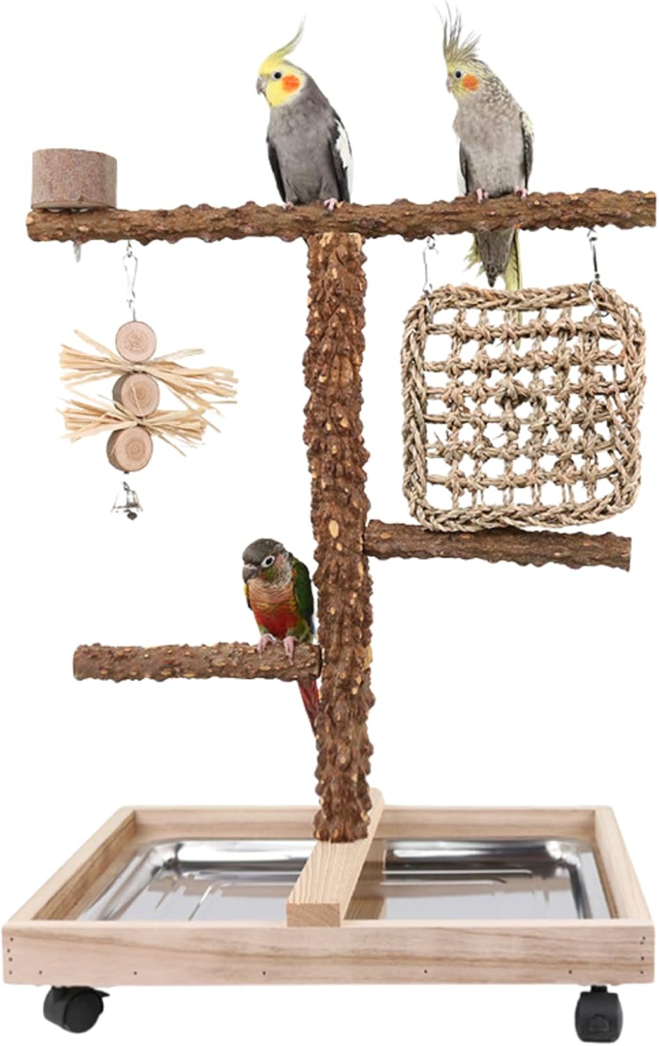 Natural Wood Parrot Stand - Ideal Toy & Accessory for Parakeets, Canaries, Cockatiels, Conure, Lovebirds - Bird Perch Stand with Removable Tray Climbing Net Chewing Toys- Perfect Pet Birds Playstand