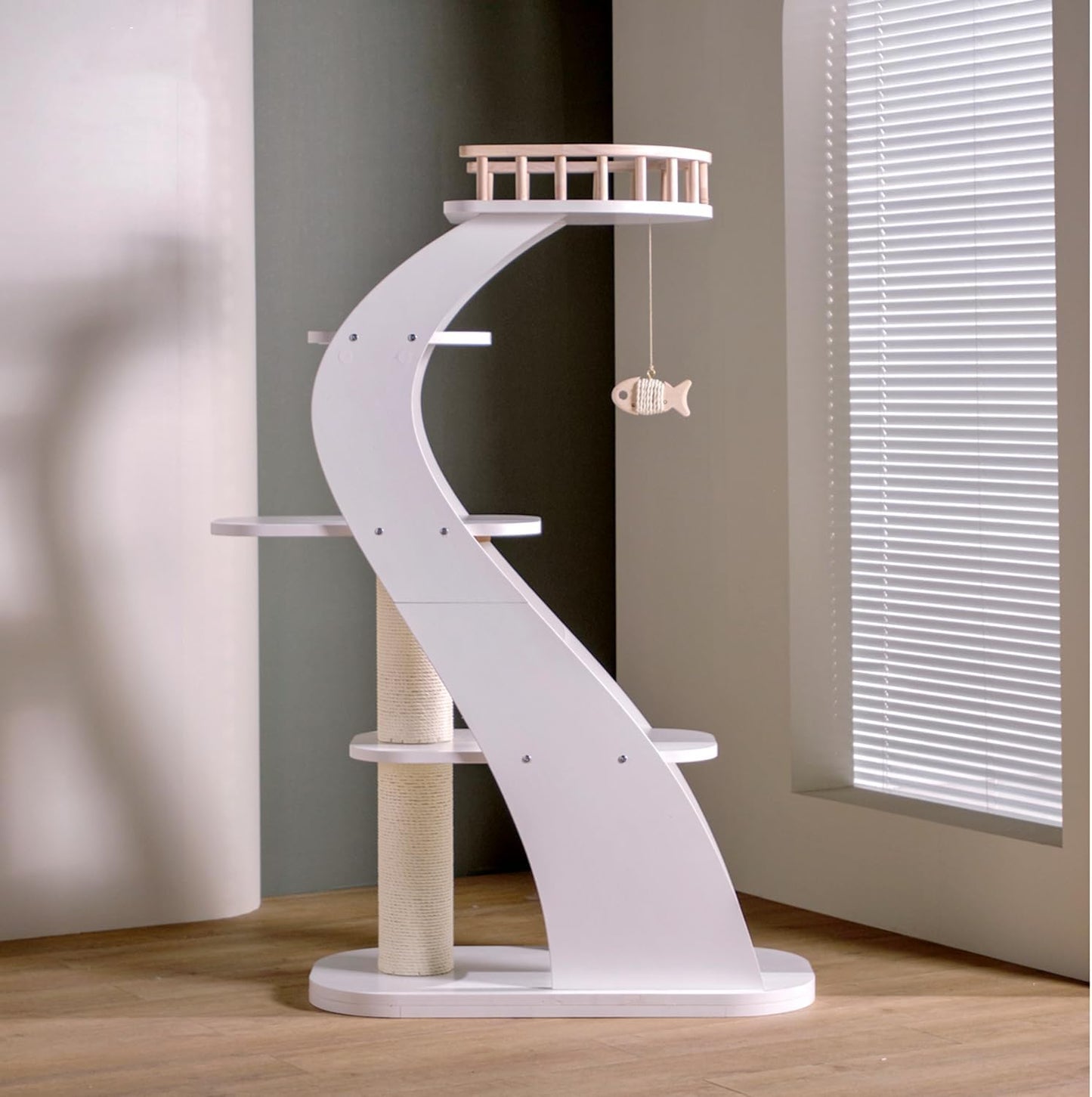 SHENGOCASE Modern Stylish 52.4 inches Tall Wooden Cat Tree Tower, Aesthetic Cat Condo Ladder with 5-Level Big Perch Platform Bed for Window Viewing Watching Large Scratching Post