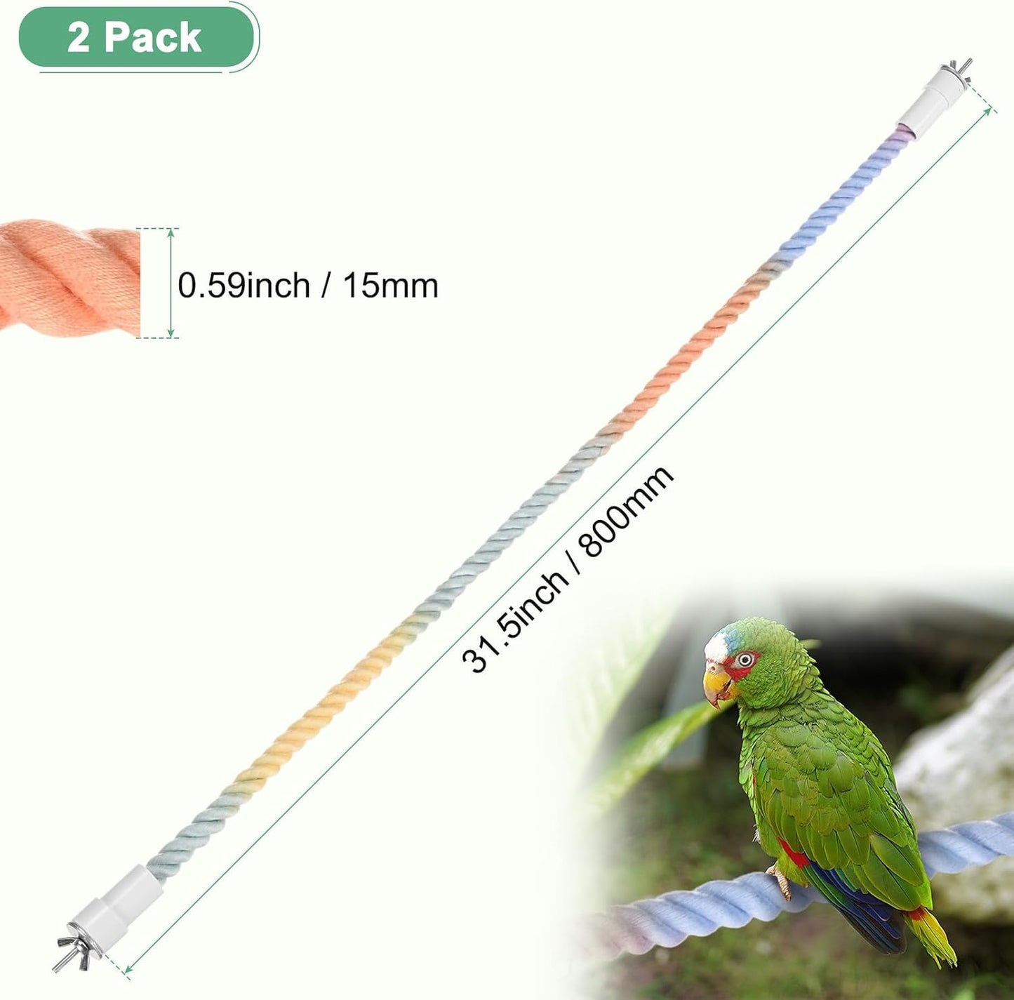 2-Pack Rope Perches for Bird Cages, 31.5 in Length Comfort Grip Flexible Rope Perch Beak & Paw Grinding for Parrots/Cockatiels/Parakeets, Bird Platform Sand [Pink Blue]