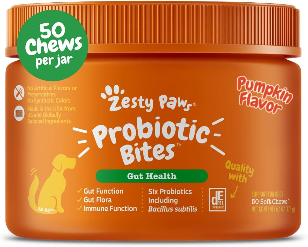 Zesty Paws Probiotics for Dogs, Digestive Enzymes Gut Flora, Digestive Health, Diarrhea & Bowel Support, DE111, Dog Probiotics Soft Chew for Pet Immune System, Chicken, 90 Ct