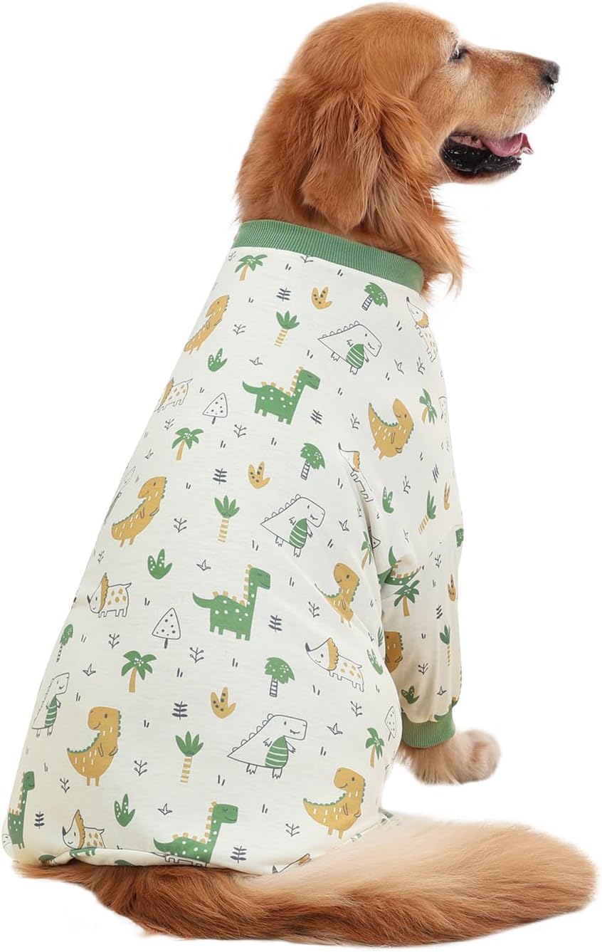 HDE Dog Pajamas One Piece Jammies Jumpsuit Pet Clothes Outfit Stretchy Lightweight Comfy Shirt Pjs for M-3XL Dogs Forest Dinos - L