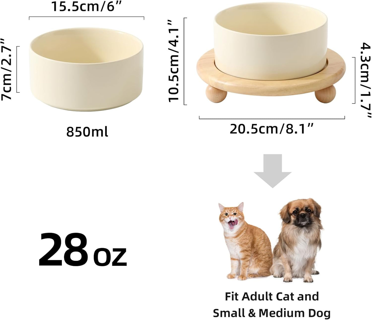 Ceramic Elevated Dog Food and Water Bowl, Kitty Bowl, Raised Dog Dish, Pet Feeder (6inch, 1 x Beige + Stand)