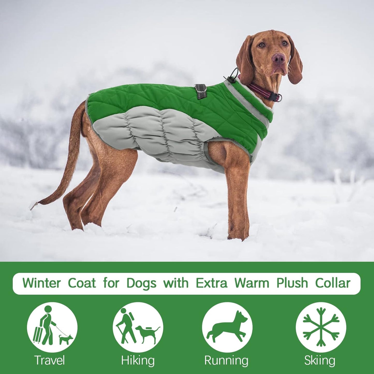 FUAMEY Dog Coat for Large Dogs,Waterproof Dog Winter Jacket with Harness Built in Puppy Cold Weather Coats Reflective Pet Vest with Zipper Warm Fleece Dogs Snowsuit Windproof Green XXL