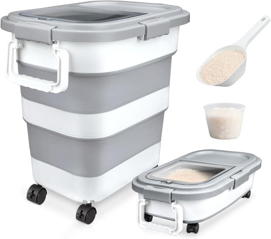 Rice Storage Container, Collapsible Airtight Food Storage Containers 10-40 Lbs, Rice Dispenser Bin with Cup and Scoop for Flour Cereal Pasta Grain, Cat Bird Pet Dog Food Storage Container