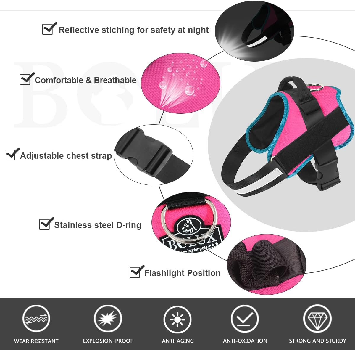 Bolux Dog Harness, No-Pull Reflective Dog Vest, Breathable Adjustable Pet Harness with Handle for Outdoor Walking - No More Pulling, Tugging or Choking Medium (Pack of 1) RoseTurquoise