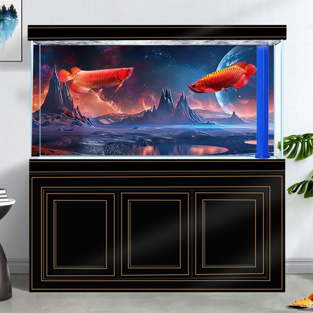 Scarlet Cosmic Aquarium Background,Cool Galaxy Parallel Space Themed Fish Tank Background, Tropical Desert Terrarium Background 72X16IN with 8 EVA Double-Sided Tape