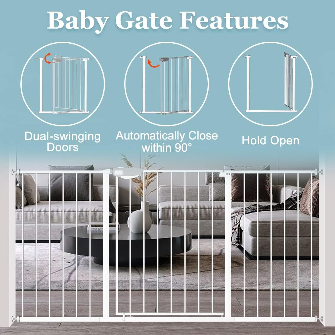WAOWAO Triple Lock Baby Gate Extra Wide 67.32-72.04" Pressure Mounted Walk Through Swing Auto Close Safety White Metal Dog Pet Puppy Cat for Stairs,Doorways,Kitchen