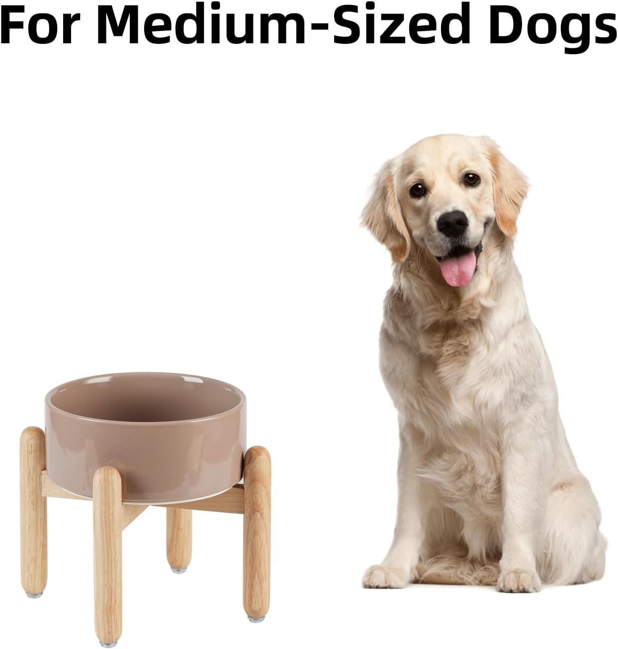 Ceramic 7.3inch Raised Dog Bowl Set, Elevated with Wooden Stand, Food and Water Bowl for Medium Breed Dogs, Weighted Dog Dishes, Pet Feeder(Brown Coffee)