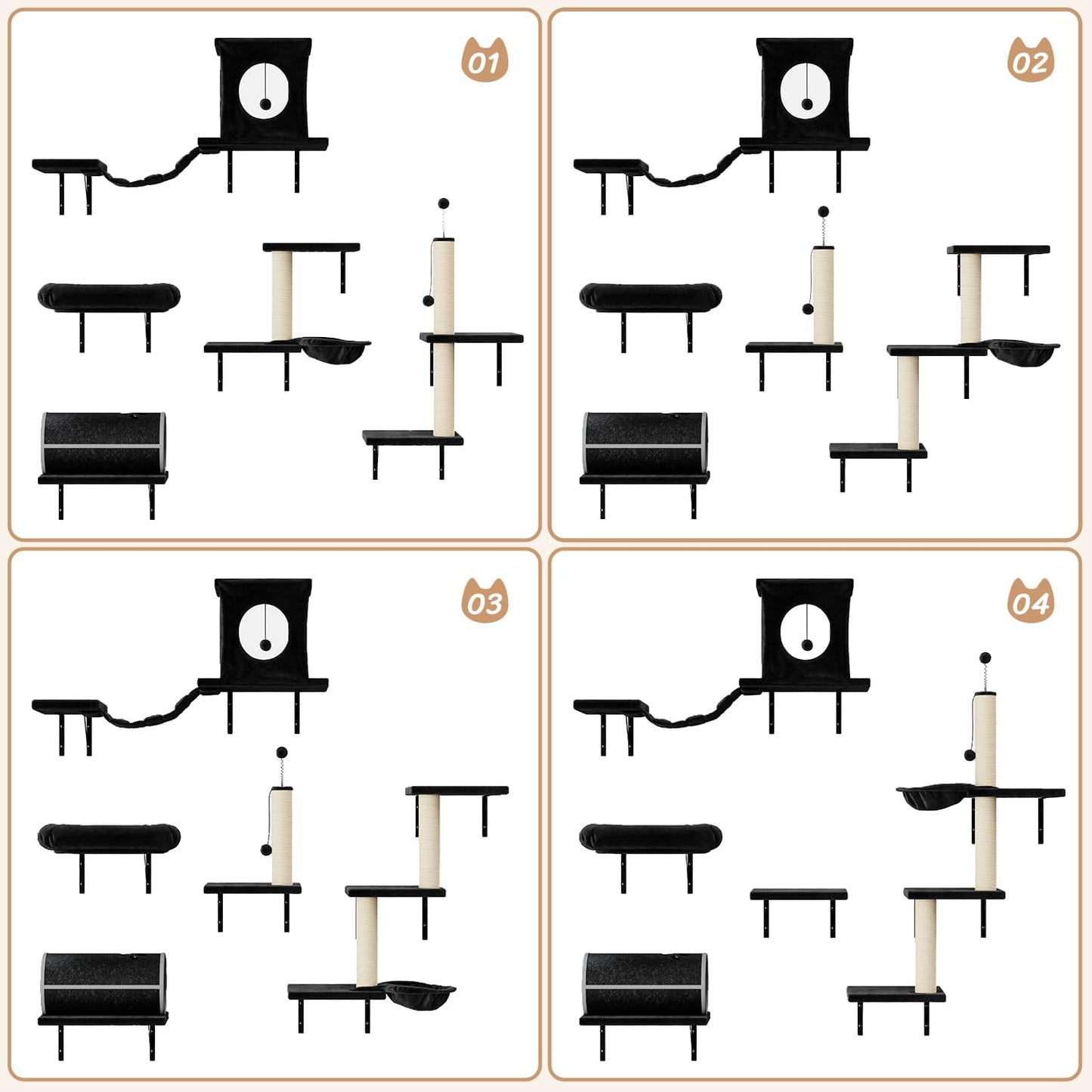 NUNU LAB Wall Mounted Cat Furniture, 7 Pcs Cat Wall Shelves with House, Tunnel, Bridge, Steps, Scratcher, Hammock, Bed, Indoor Safe & Stable Furniture for Kittens Play, Black