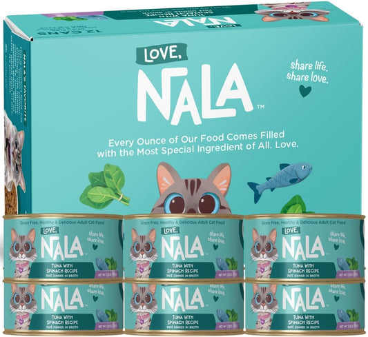 LOVE, NALA - Natural Adult Cat Wet Food - Pate Tuna with Spinach Recipe- Grain Free, Non-GMO, Lean Protein, Iron, Digestive Fiber Blend, Added Minerals & Vitamins - 12 Pack 2.4 lbs.