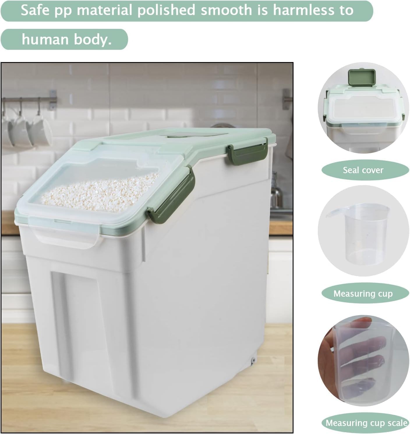 AnRui Rice Storage Container 50LB, Airtight Flour Storage Containers, Plastic Cereal Grain Dispenser Organizer Pet Food Storage Bin with Lid, Measuring Cup, Scoop, Green, 2Pcs(Total Capacity:100LBS)