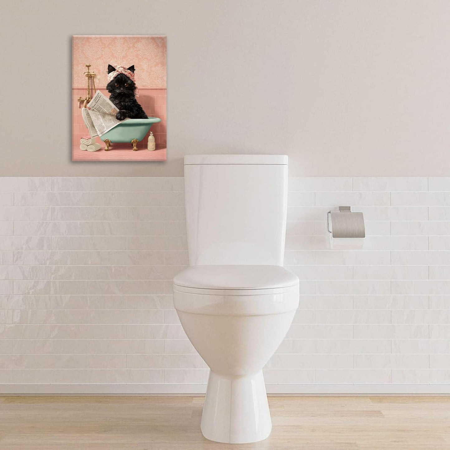 Cat Bathroom Wall Decor Black Cat Reading Newspaper in Bathtub Canvas Wall Art Funny Bathroom Pictures Kitten Painting Print Pink Artwork Framed Decorations Gifts 24"x20"