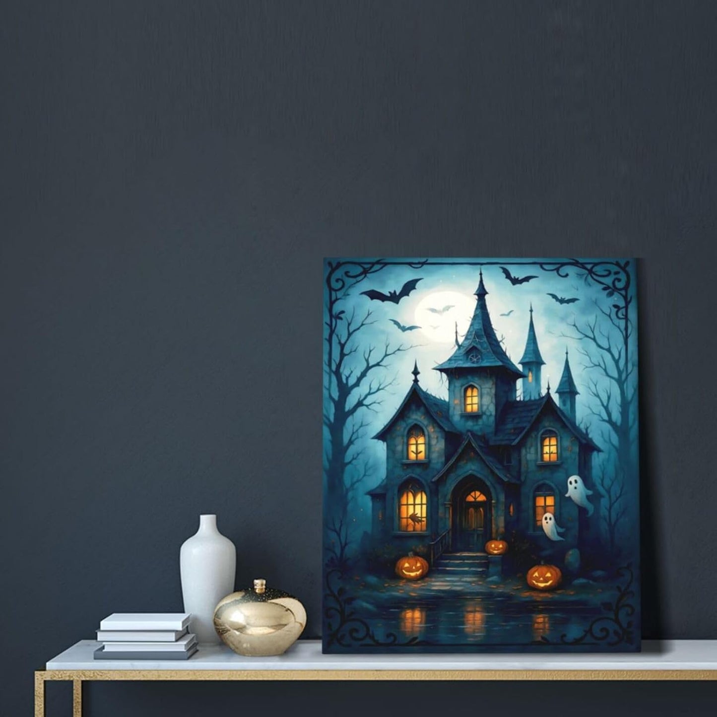 Halloween Gothic Wall Art Castle Pumpkin Ghost Bat Canvas Wall Decor Dark Academia Pictures Painting Print Framed Artwork Decorations Gifts for Halloween Living Room Bedroom Office 16"x20"