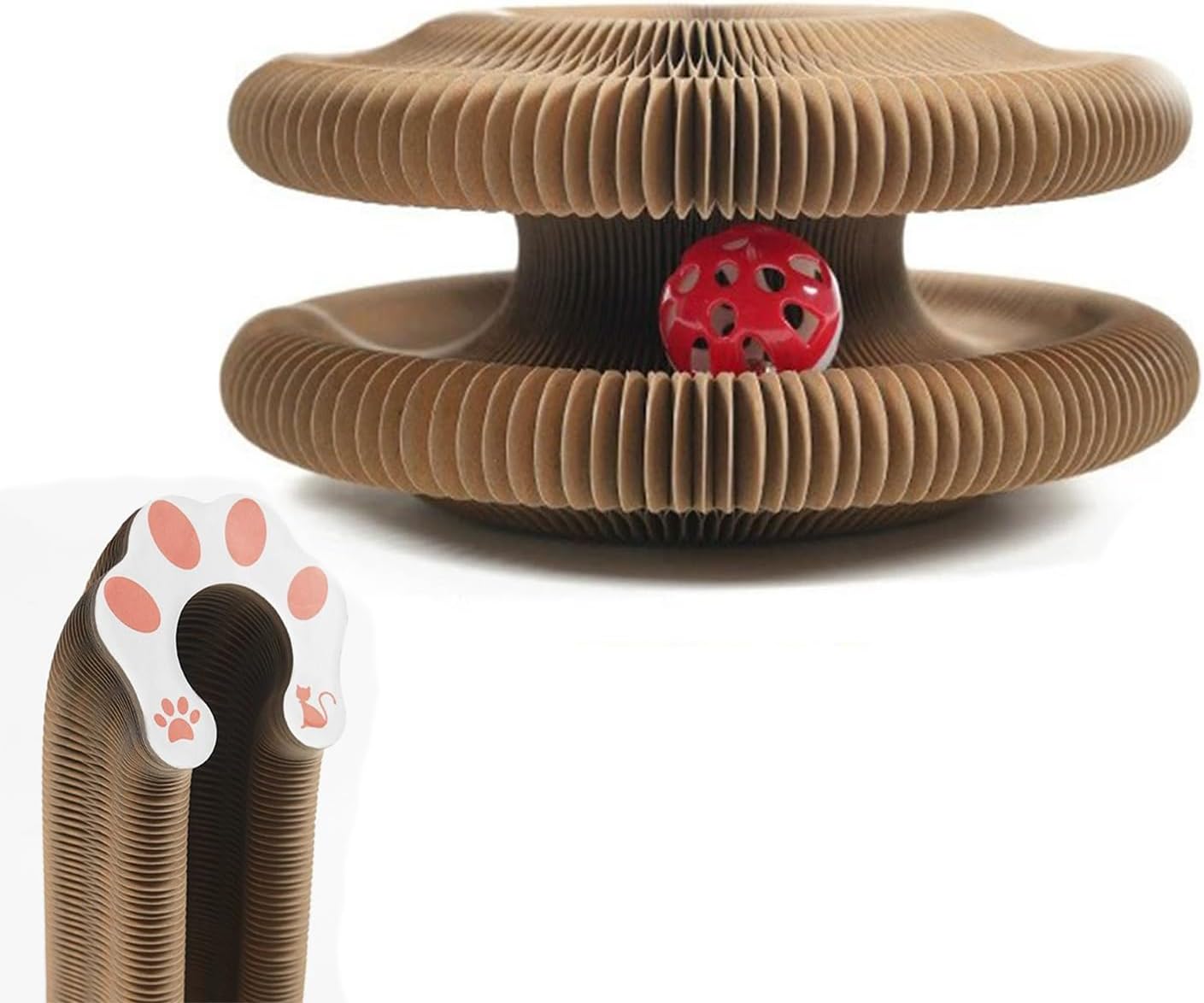 Kitty Curls Cat Toy Kurlz, Interactive Scratch Pad, Foldable Accordion,Cat Recyclable Scratcher with Ball (Pink)