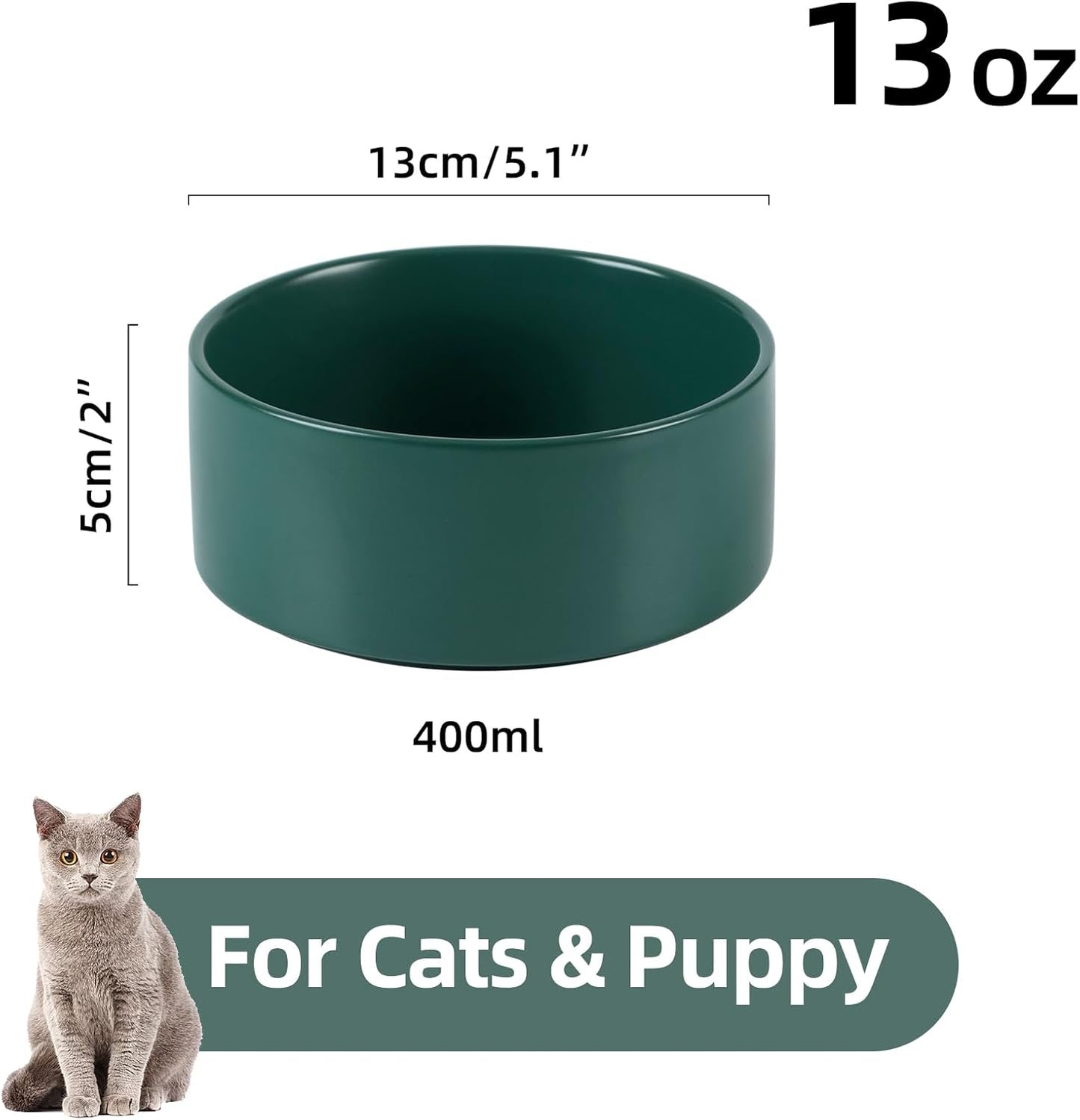 Ceramic 5.1inch Set of 2 Dog and Cat Bowls, Food and Water Feeder for Small Breed Dogs, Kitty, Cats, 2pcs Dog & Cat Dishes(2 Bowls, Green)
